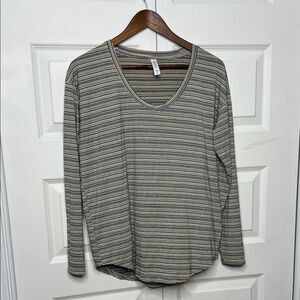 Athleta Black and White Striped V-Neck Long Sleeve Top M